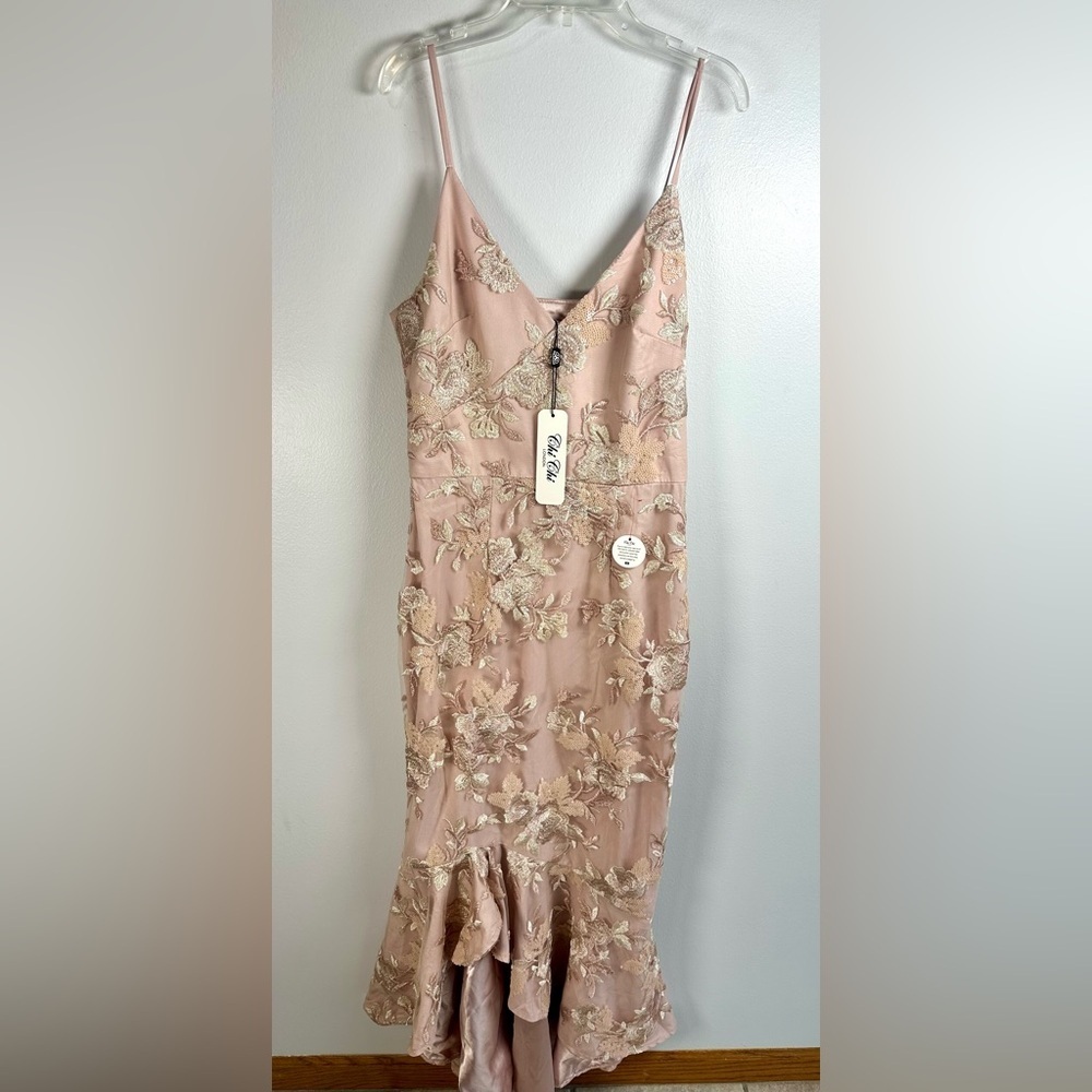Chi Chi London Blush Floral Midi Dress Ruffle Sequin Formal Embroidered size 10